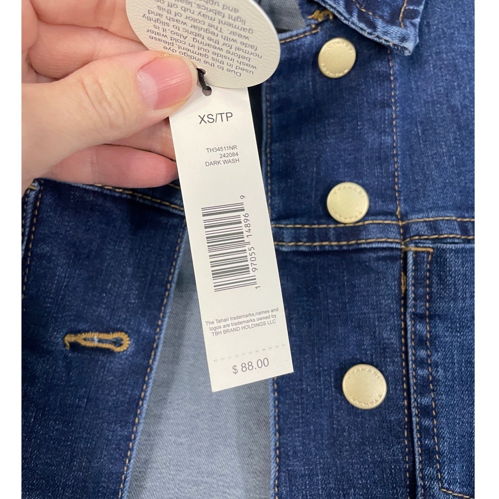NWT Tahari Dark Wash Denim Cropped Jacket‎ Raw Hem Gold Buttons Size XS - Picture 4 of 11